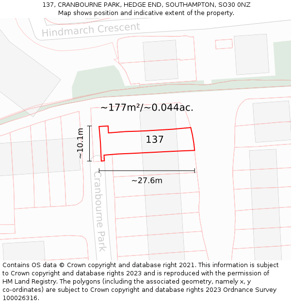 137, CRANBOURNE PARK, HEDGE END, SOUTHAMPTON, SO30 0NZ: Plot and title map