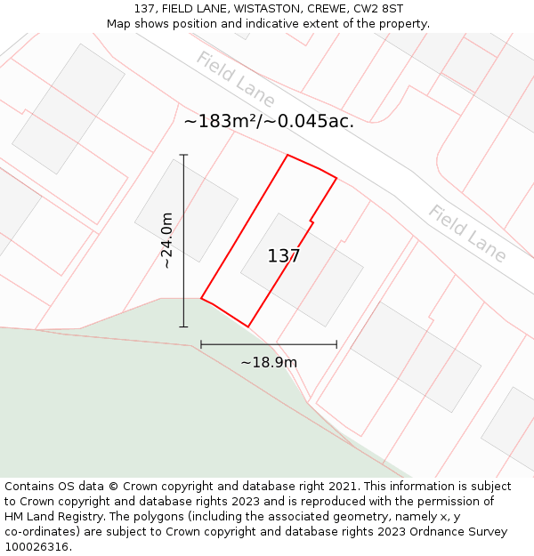 137, FIELD LANE, WISTASTON, CREWE, CW2 8ST: Plot and title map