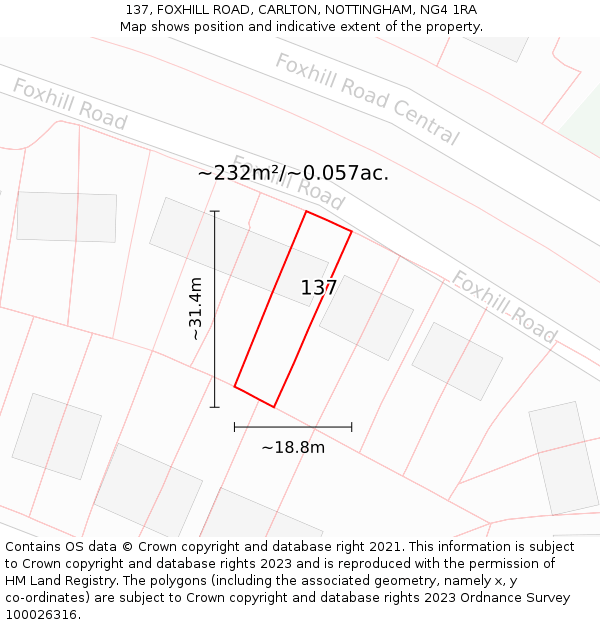 137, FOXHILL ROAD, CARLTON, NOTTINGHAM, NG4 1RA: Plot and title map