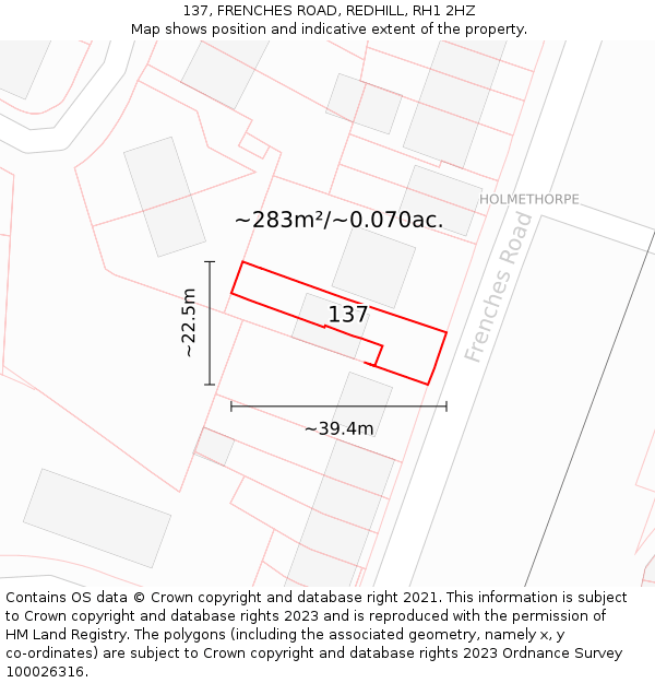 137, FRENCHES ROAD, REDHILL, RH1 2HZ: Plot and title map