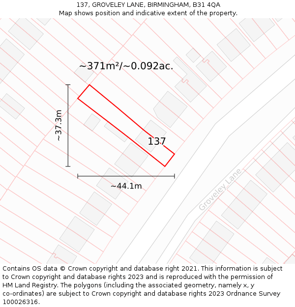 137, GROVELEY LANE, BIRMINGHAM, B31 4QA: Plot and title map