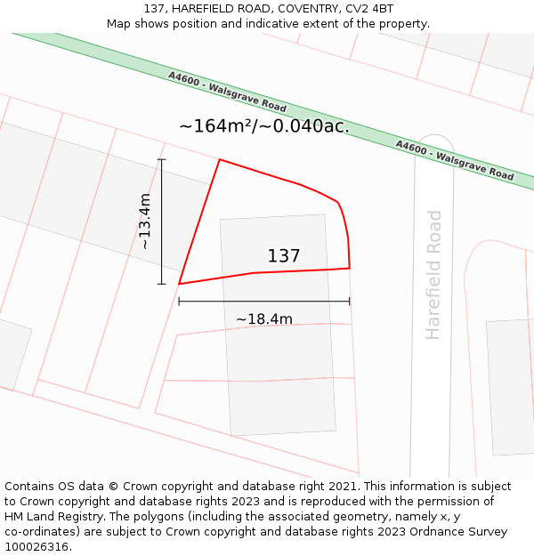 137, HAREFIELD ROAD, COVENTRY, CV2 4BT: Plot and title map