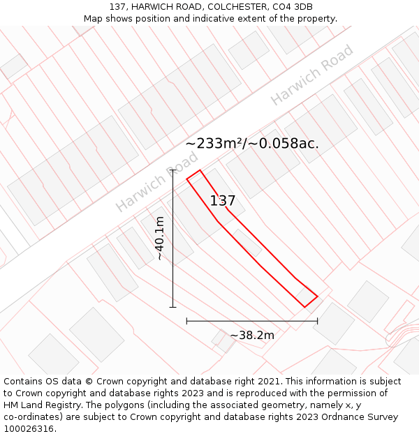 137, HARWICH ROAD, COLCHESTER, CO4 3DB: Plot and title map