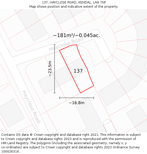 137, HAYCLOSE ROAD, KENDAL, LA9 7NF: Plot and title map