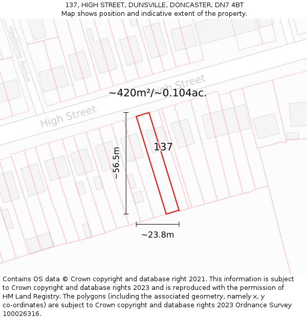 137, HIGH STREET, DUNSVILLE, DONCASTER, DN7 4BT: Plot and title map