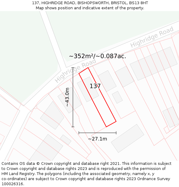 137, HIGHRIDGE ROAD, BISHOPSWORTH, BRISTOL, BS13 8HT: Plot and title map