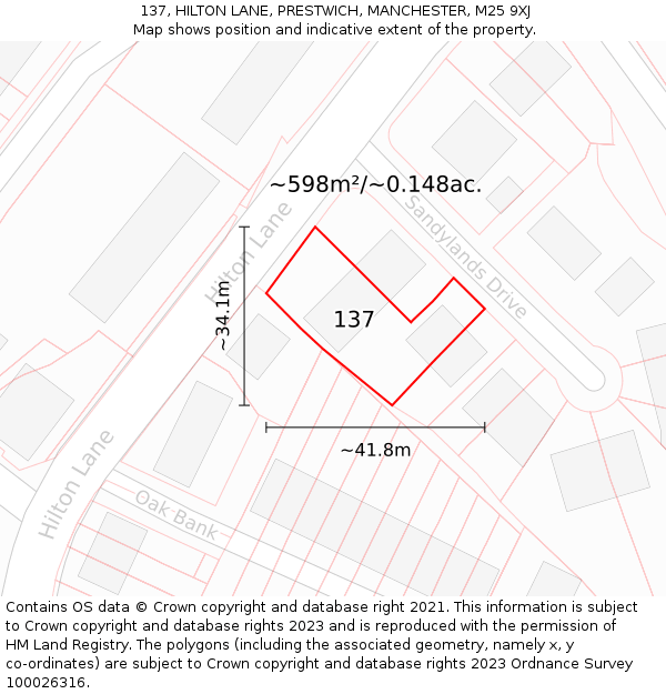 137, HILTON LANE, PRESTWICH, MANCHESTER, M25 9XJ: Plot and title map