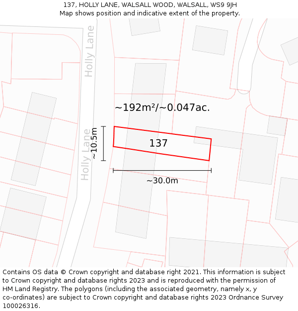 137, HOLLY LANE, WALSALL WOOD, WALSALL, WS9 9JH: Plot and title map