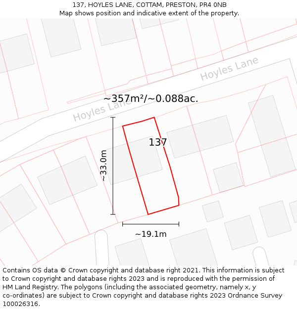 137, HOYLES LANE, COTTAM, PRESTON, PR4 0NB: Plot and title map