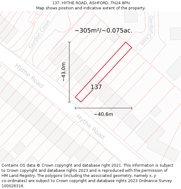 137, HYTHE ROAD, ASHFORD, TN24 8PN: Plot and title map