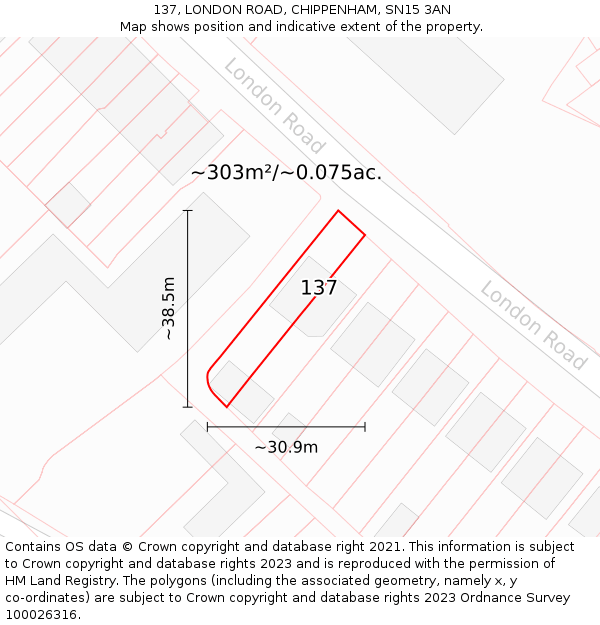 137, LONDON ROAD, CHIPPENHAM, SN15 3AN: Plot and title map