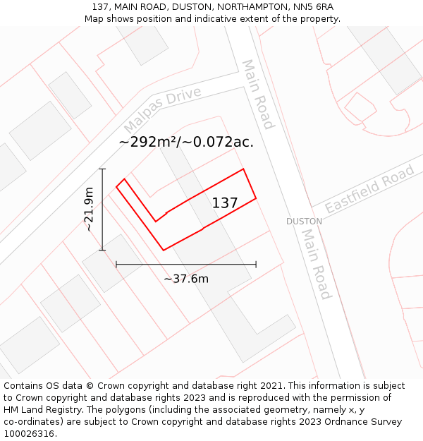 137, MAIN ROAD, DUSTON, NORTHAMPTON, NN5 6RA: Plot and title map