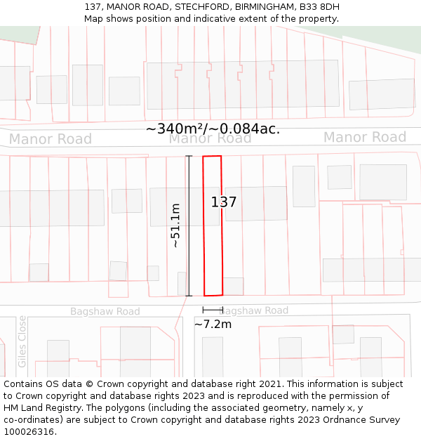 137, MANOR ROAD, STECHFORD, BIRMINGHAM, B33 8DH: Plot and title map