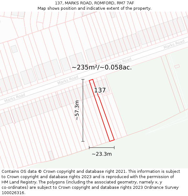 137, MARKS ROAD, ROMFORD, RM7 7AF: Plot and title map