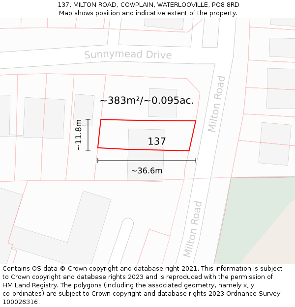 137, MILTON ROAD, COWPLAIN, WATERLOOVILLE, PO8 8RD: Plot and title map