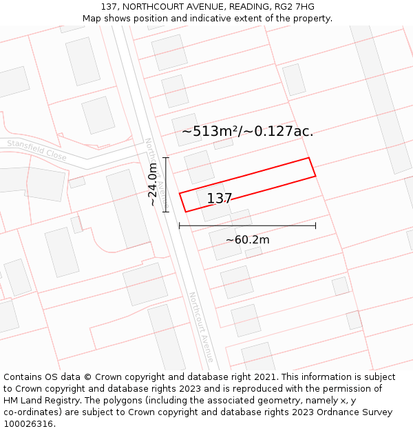 137, NORTHCOURT AVENUE, READING, RG2 7HG: Plot and title map