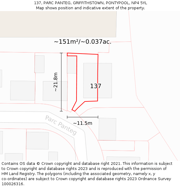 137, PARC PANTEG, GRIFFITHSTOWN, PONTYPOOL, NP4 5YL: Plot and title map