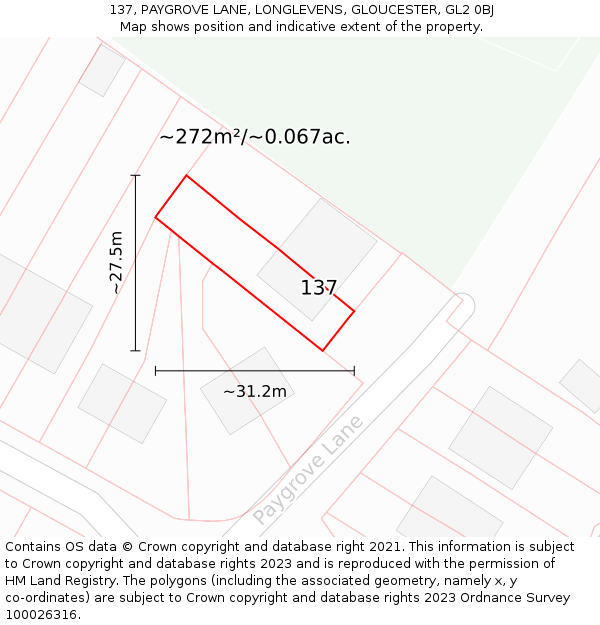 137, PAYGROVE LANE, LONGLEVENS, GLOUCESTER, GL2 0BJ: Plot and title map