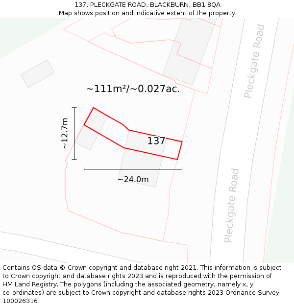 137, PLECKGATE ROAD, BLACKBURN, BB1 8QA: Plot and title map