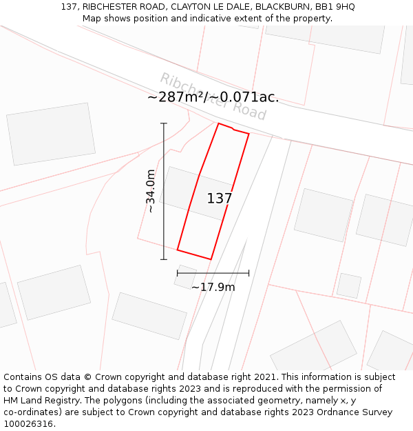 137, RIBCHESTER ROAD, CLAYTON LE DALE, BLACKBURN, BB1 9HQ: Plot and title map