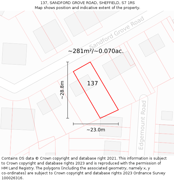 137, SANDFORD GROVE ROAD, SHEFFIELD, S7 1RS: Plot and title map