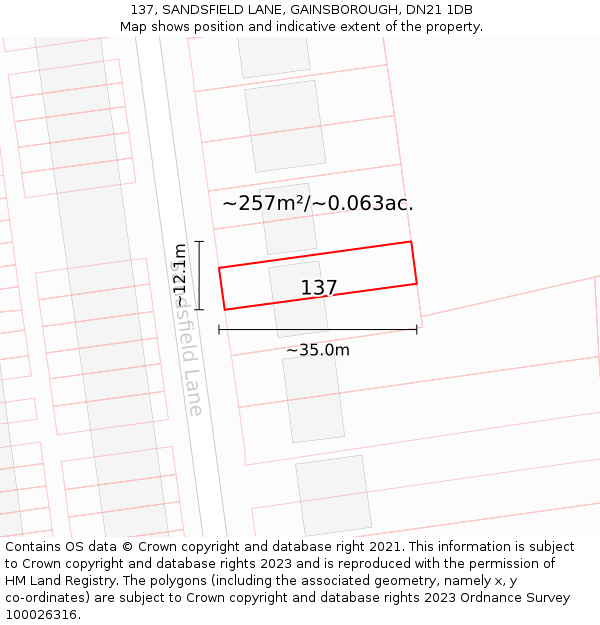 137, SANDSFIELD LANE, GAINSBOROUGH, DN21 1DB: Plot and title map