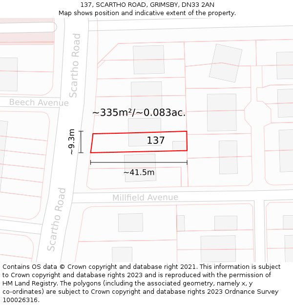 137, SCARTHO ROAD, GRIMSBY, DN33 2AN: Plot and title map