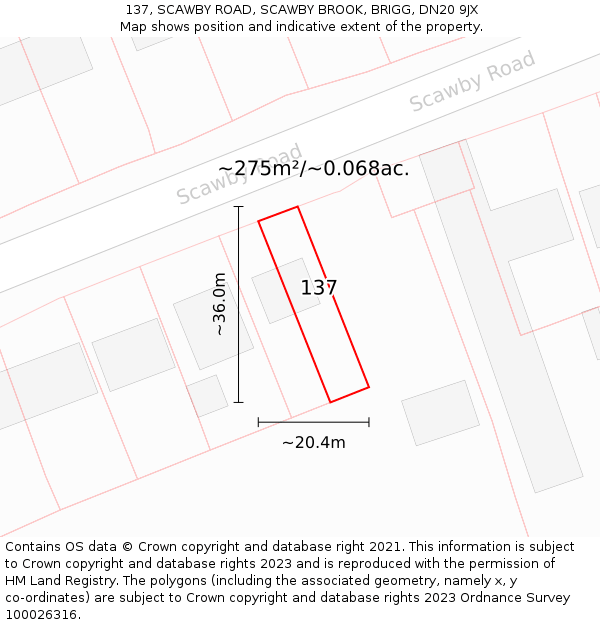 137, SCAWBY ROAD, SCAWBY BROOK, BRIGG, DN20 9JX: Plot and title map