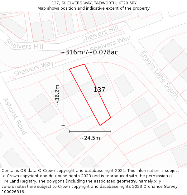 137, SHELVERS WAY, TADWORTH, KT20 5PY: Plot and title map