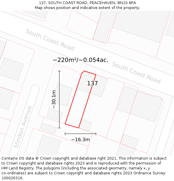 137, SOUTH COAST ROAD, PEACEHAVEN, BN10 8PA: Plot and title map