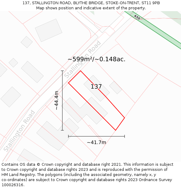 137, STALLINGTON ROAD, BLYTHE BRIDGE, STOKE-ON-TRENT, ST11 9PB: Plot and title map
