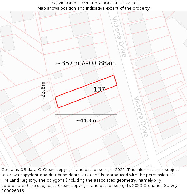 137, VICTORIA DRIVE, EASTBOURNE, BN20 8LJ: Plot and title map