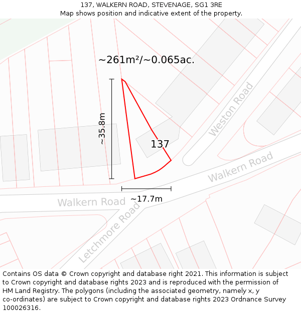 137, WALKERN ROAD, STEVENAGE, SG1 3RE: Plot and title map