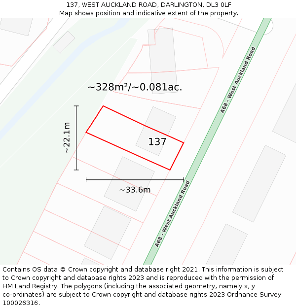 137, WEST AUCKLAND ROAD, DARLINGTON, DL3 0LF: Plot and title map