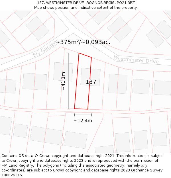 137, WESTMINSTER DRIVE, BOGNOR REGIS, PO21 3RZ: Plot and title map