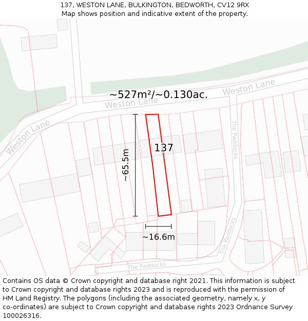 137, WESTON LANE, BULKINGTON, BEDWORTH, CV12 9RX: Plot and title map