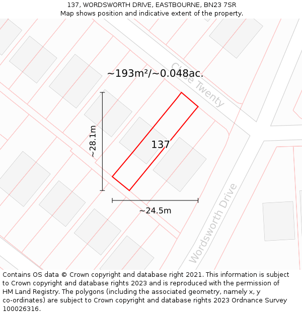 137, WORDSWORTH DRIVE, EASTBOURNE, BN23 7SR: Plot and title map