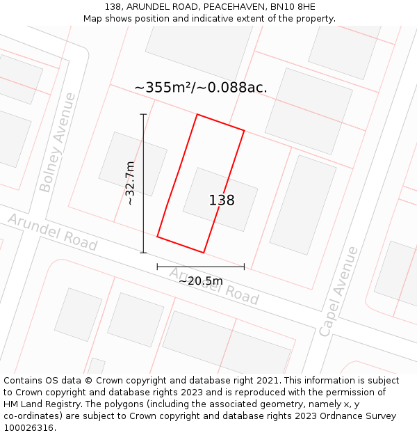 138, ARUNDEL ROAD, PEACEHAVEN, BN10 8HE: Plot and title map