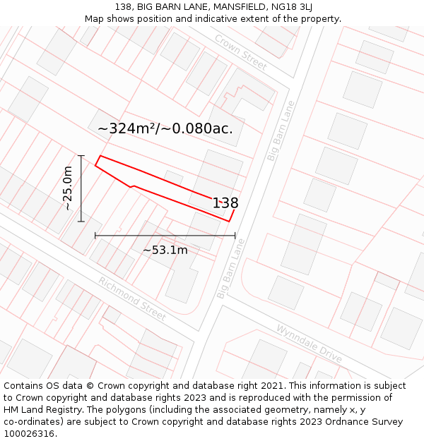 138, BIG BARN LANE, MANSFIELD, NG18 3LJ: Plot and title map