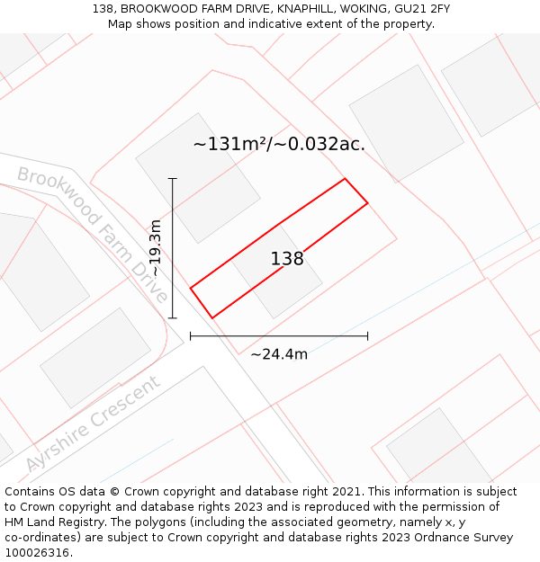 138, BROOKWOOD FARM DRIVE, KNAPHILL, WOKING, GU21 2FY: Plot and title map