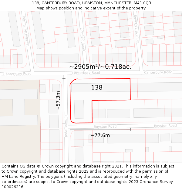 138, CANTERBURY ROAD, URMSTON, MANCHESTER, M41 0QR: Plot and title map