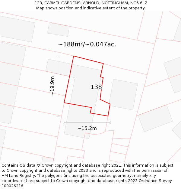 138, CARMEL GARDENS, ARNOLD, NOTTINGHAM, NG5 6LZ: Plot and title map