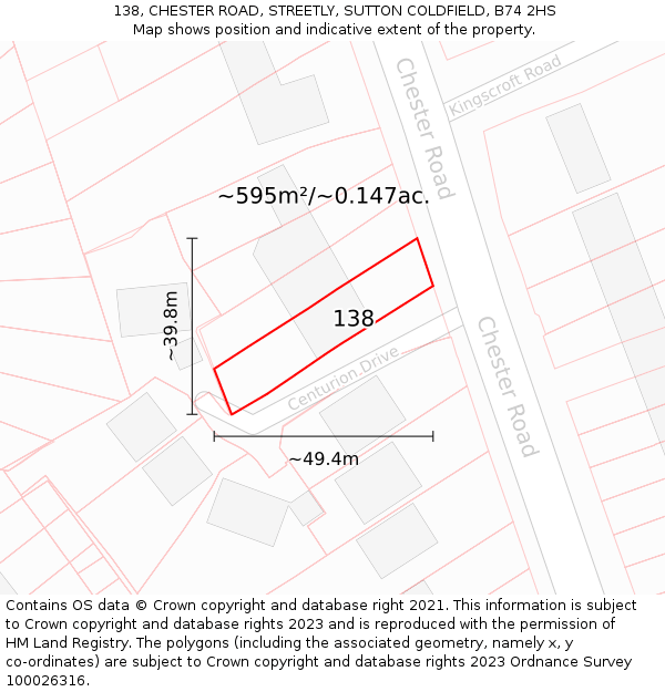 138, CHESTER ROAD, STREETLY, SUTTON COLDFIELD, B74 2HS: Plot and title map