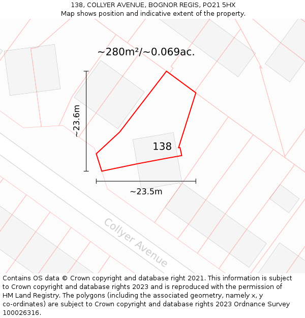 138, COLLYER AVENUE, BOGNOR REGIS, PO21 5HX: Plot and title map