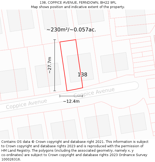 138, COPPICE AVENUE, FERNDOWN, BH22 9PL: Plot and title map