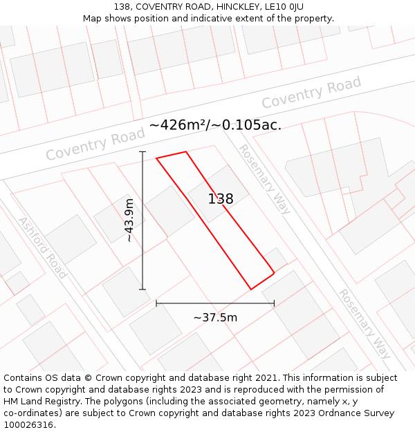 138, COVENTRY ROAD, HINCKLEY, LE10 0JU: Plot and title map