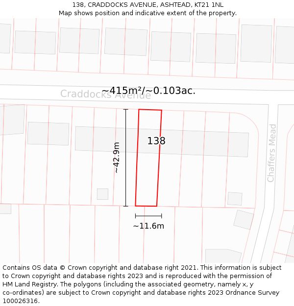 138, CRADDOCKS AVENUE, ASHTEAD, KT21 1NL: Plot and title map