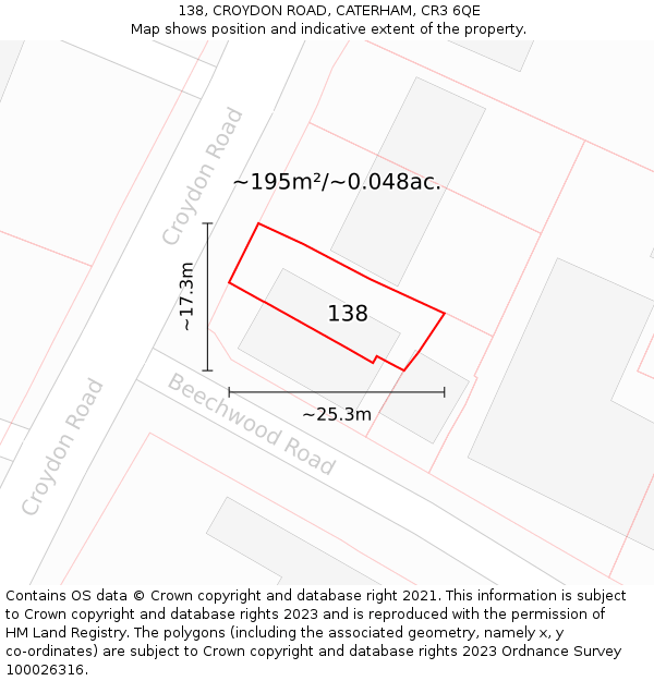 138, CROYDON ROAD, CATERHAM, CR3 6QE: Plot and title map