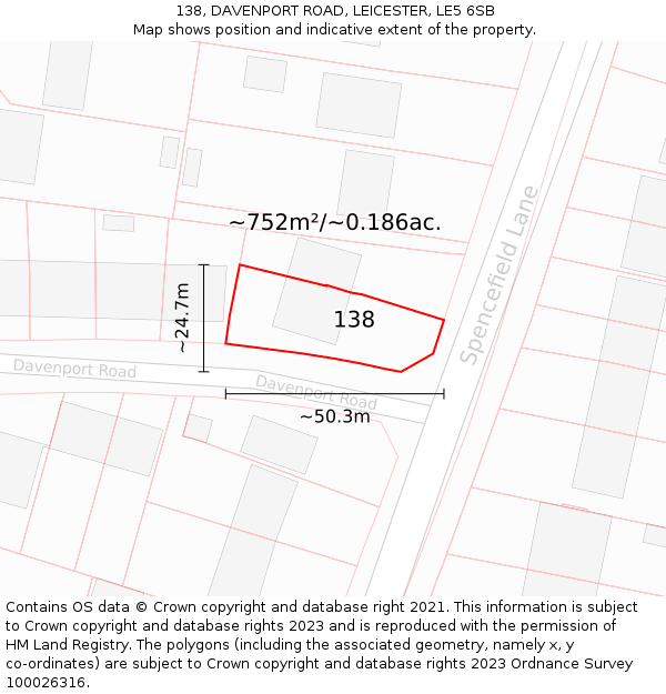 138, DAVENPORT ROAD, LEICESTER, LE5 6SB: Plot and title map