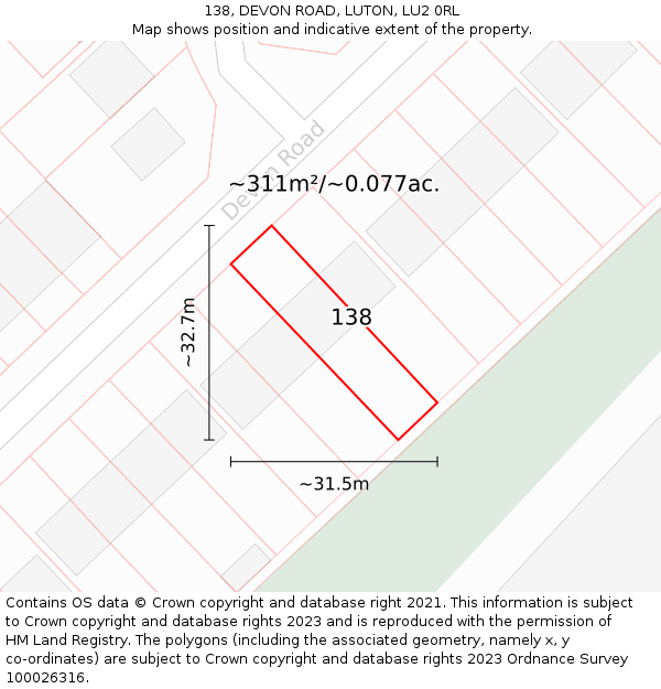 138, DEVON ROAD, LUTON, LU2 0RL: Plot and title map